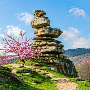 Nature Flat Design: Rock Formation In Spring Bloom With Large Rock