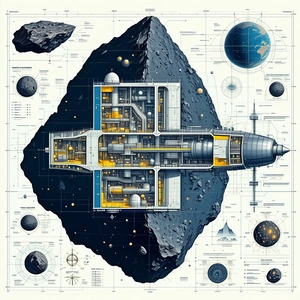 A Large Spacecraft Is Shown In A Detailed Illustration, With A Large Black Rock In The Foreground