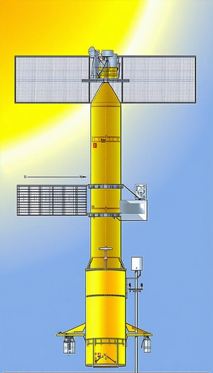 A Yellow Spacecraft Is Shown In A Blue Background