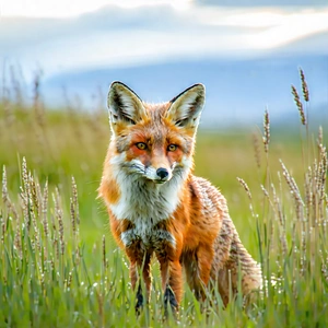 Nature Product Photography: Fox In Prairie Grassland With Standing Grassy