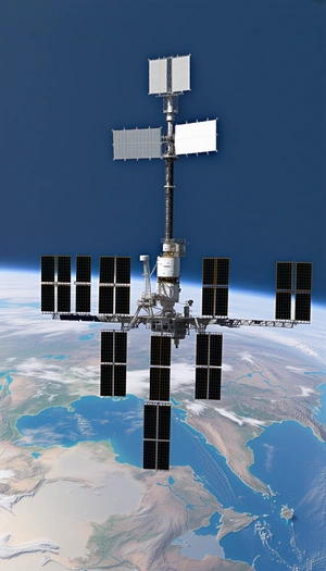 A Large Satellite Is Floating In The Sky, With A Large Antenna On The Bottom