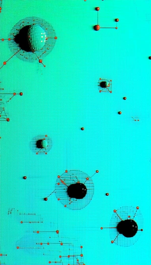 The Image Is A Close-up Of A Blue, Wire-like Structure With A Few Red Dots Scattered Throughout