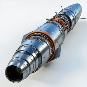 A Large, Silver, And Orange Engine Is Displayed On A White Background