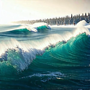 Nature Cinema 4D: Ocean waves surrounded by (snow:1.48)-covered trees