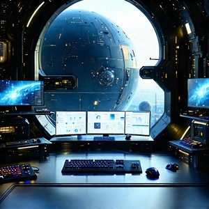 Futuristic Digital Workspace With Image, There