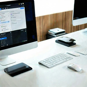 Business Stock Photography: Workplace with (digital:1.16) (devices:1.38) on desk