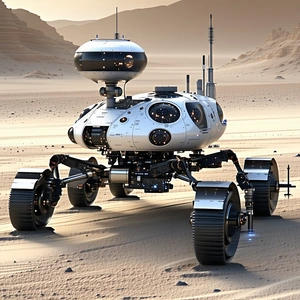 A Futuristic Vehicle Is Driving Across A Desert Landscape