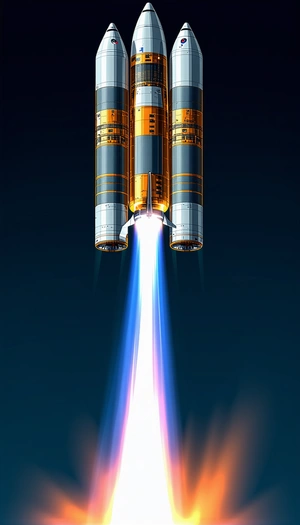 A Rocket Is Shown In A Blue Sky, With Its Two Engines Glowing Brightly
