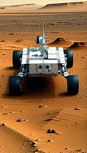 A White Robotic Vehicle, Possibly A Rover, Driving Across A Sandy Terrain