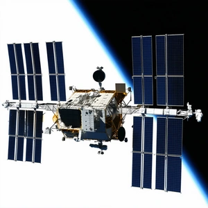 A Space Shuttle With A Large Satellite Dish On Top Of It