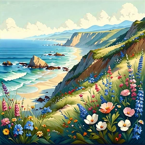 Nature Lithograph: Wildflowers In Coastal Environment With Painting Beautiful