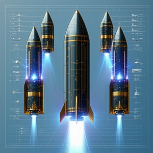 Three Space Rockets, Each With A Different Design, Lined Up In A Row