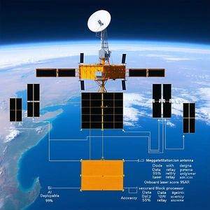 The Image Is A Diagram Of A Spacecraft, Specifically A Satellite, With Various Components Labeled