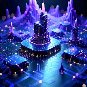 Blockchain Network Visualization With Futuristic Cityscape,