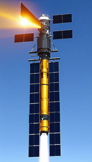 A Large Satellite Is Mounted On A Tall Tower, Which Is Connected To A Solar Panel