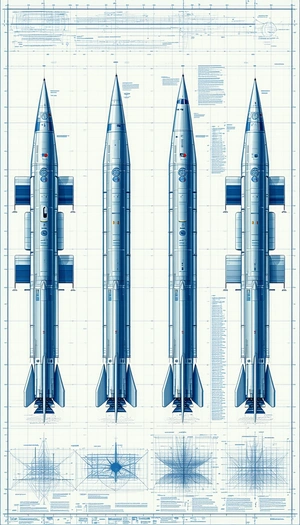 The Image Is A Blue Drawing Of Two Rockets, One On The Left And One On The Right