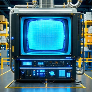 Tech Low Poly: Entertainment Technology In Manufacturing Facility With Large, Blue,