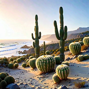 Nature Technical Illustration: Cactus In Coastal Environment With Beautiful Beach