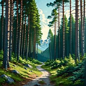 Nature Flat Design: Path Through Pine (forest:1.24) With Scenic Forest