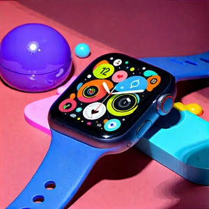 Tech Flat Design: Smart Watch With Streaming Content With Blue Apple