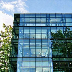 Urban Architectural Photography: Glass Office Tower With Minimalist (design:1.12) With Large Building