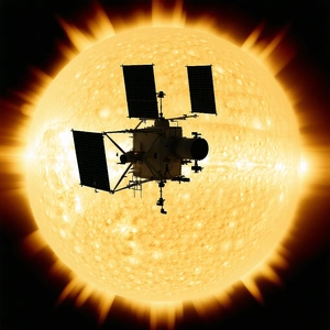 A Spacecraft With A Large Solar Panel On Its Side, Flying Through The Sky