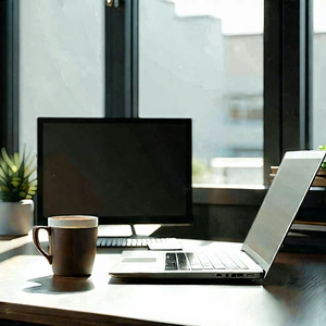 Business Lithograph: Workplace with laptop and coffee on desk