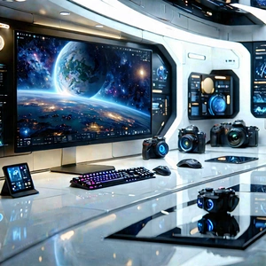 (futuristic:1.45) Digital Workspace With Image, There