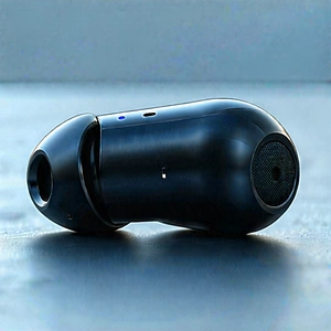 Tech Macro Photography: Wireless Earbuds With Data Visualization With Black Earbud