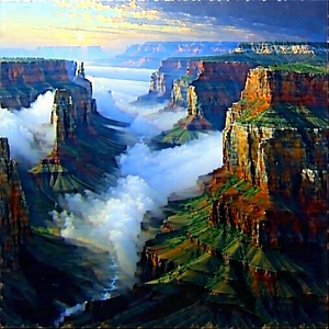 Nature Oil Painting: Canyon During Foggy Morning With Beautiful Landscape