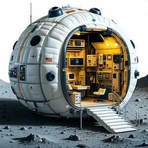 A Large, White, Round Spacecraft With A Hatch Door Open