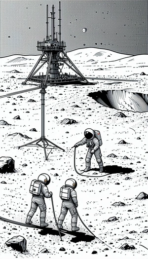 In The Image, There Are Three Astronauts Standing On A Rocky Surface, Possibly On The Moon