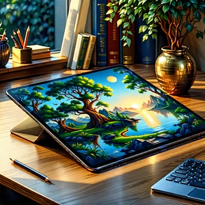 Tech Lithograph: Tablet With Digital Artwork With Laptop Computer