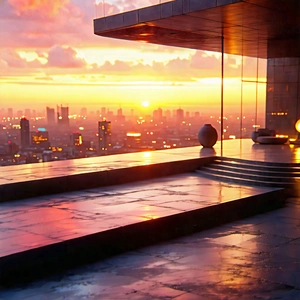 Urban Matte Painting: Observation Deck With Sunset (glow:1.48) With Large Building