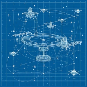 In The Image, There Is A Blue Drawing Of A Space Station With Several Spaceships Surrounding It
