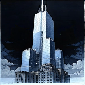 Urban Ink Drawing: Skyscraper With Dramatic Lighting With Black White