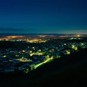 Urban Stock Photography: Cityscape Of Small Town During Night With Nighttime View