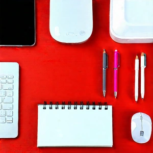 Business Aerial Photography: Workplace With Modern Office Supplies On Desk With Image, There