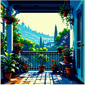 Lifestyle Linocut Print: Balcony Garden With Warm Lighting With Painting Beautiful