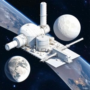 A Large Space Station With A Dome-shaped Structure, Surrounded By Three Planets