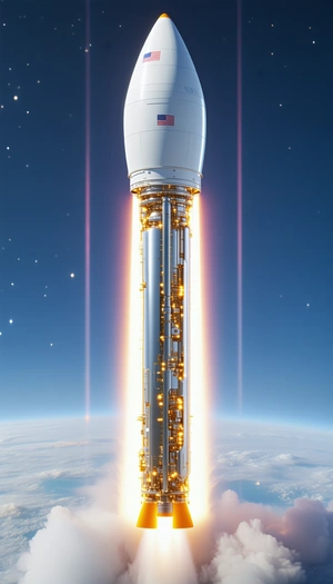 A Rocket Launching Into The Sky, With A Bright Light Emanating From Its Base