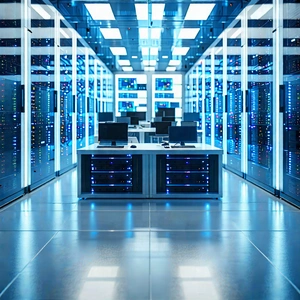 Tech Tilt-shift Photography: (futuristic:1.19) Server Room With Large Room