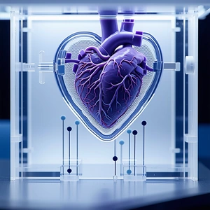 A Heart Is Displayed In A Glass Case, With A Purple Heart-shaped Container Surrounding It