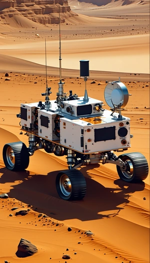 A White Robotic Vehicle With A Large Antenna On Top, Driving Across A Sandy Terrain