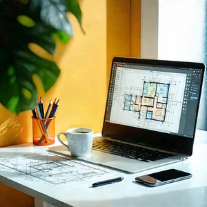Business Blueprint Style: Workplace with laptop and coffee on desk