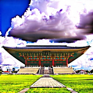 Urban Tilt-shift Photography: Cultural Center With Dramatic (clouds:1.46) With Large, Ornate