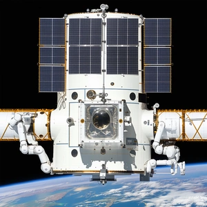 A Space Shuttle With A Large Satellite Dish On Its Side, Floating In The Air