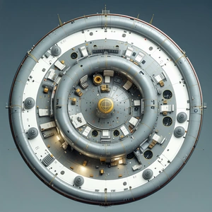 In The Image, There Is A Large, Round, And White Spacecraft With A Central Hub