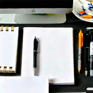 Business Editorial Photography: Workplace With Notebooks And Pens On Desk With Computer Desk