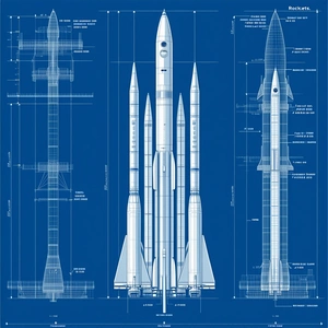 A Blue Drawing Of A Rocket Is Shown, With The Rocket Being The Main Focus